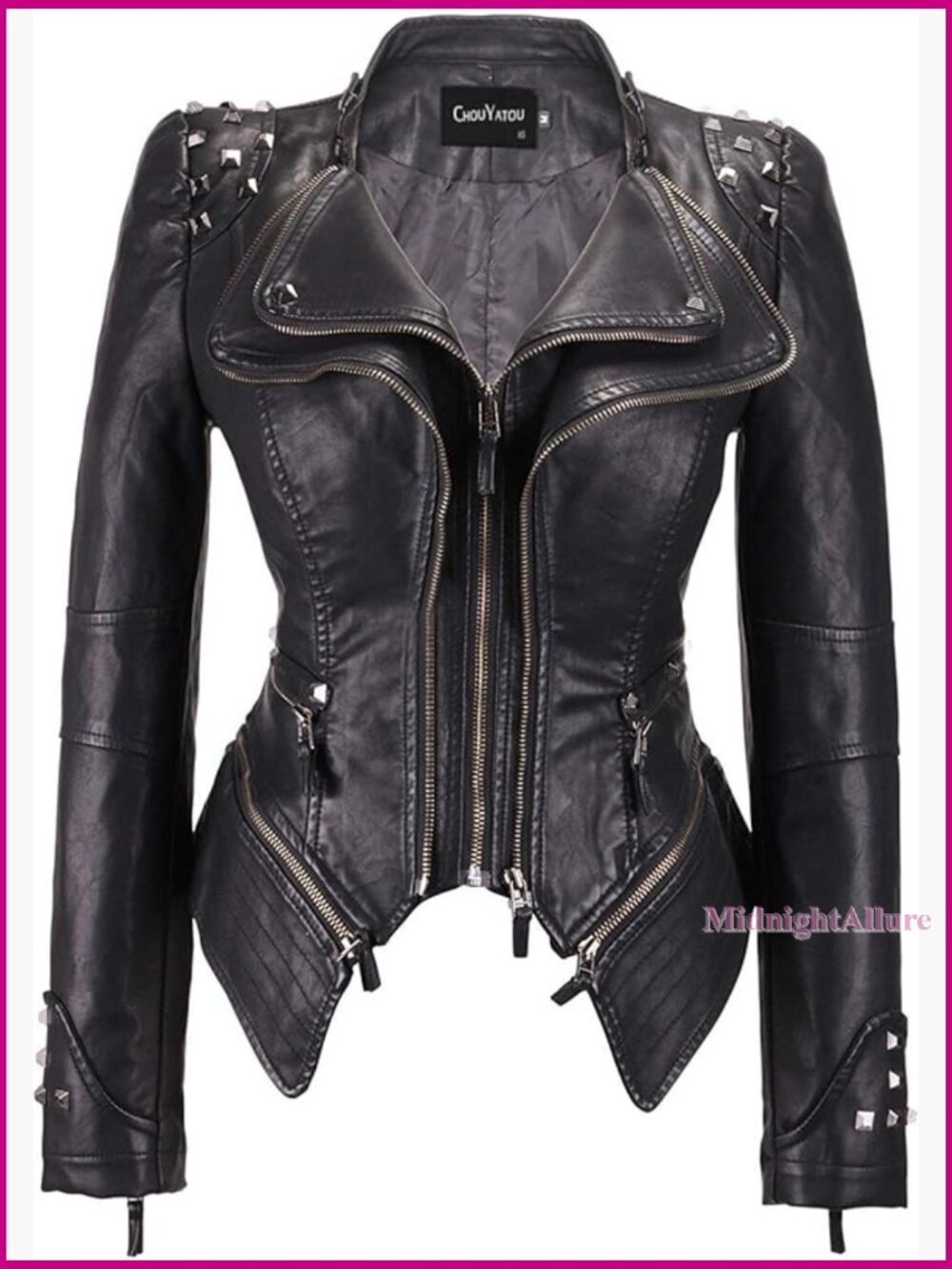 Faux Leather Moto Jacket With Studs, Detachable Hem, Fitted Waist